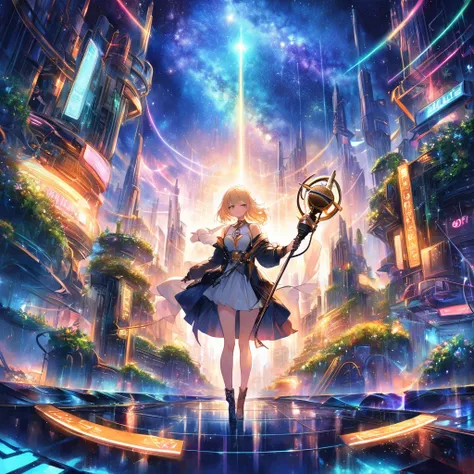 (Highest quality、masterpiece)、One Girl、Full Body Shot、stop temporarily、particle、Wind、flower、blonde、milky way、5ｍTake the lead、A bright and hopeful futuristic cityscape glowing with neon and brass tones. In the foreground, lit by a mix of neon lights and war...