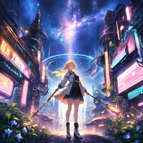 (Highest quality、masterpiece)、One Girl、Full Body Shot、stop temporarily、particle、Wind、flower、blonde、milky way、5ｍTake the lead、A bright and hopeful futuristic cityscape glowing with neon and brass tones. In the foreground, lit by a mix of neon lights and war...