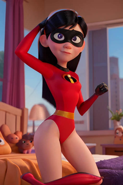 Violet Parr, Incredibles, Leotard, Laying In Bed, Disney Pixar Animated Style, detailed face, beautiful eyes, medium breasts, ((Show Thighs))