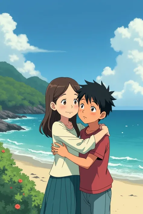 An image of Ponyo and Sosuke of age and hugging, Studio Ghibli style.