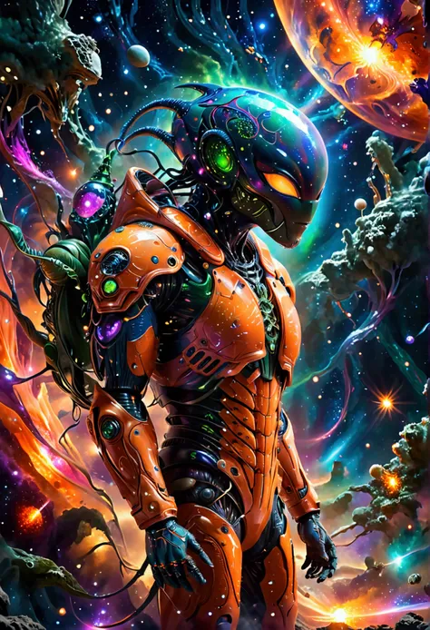 an alien wearing the most advanced technology of alien spaceship in the dark universe, a unique alien alien, dressed in an orang...