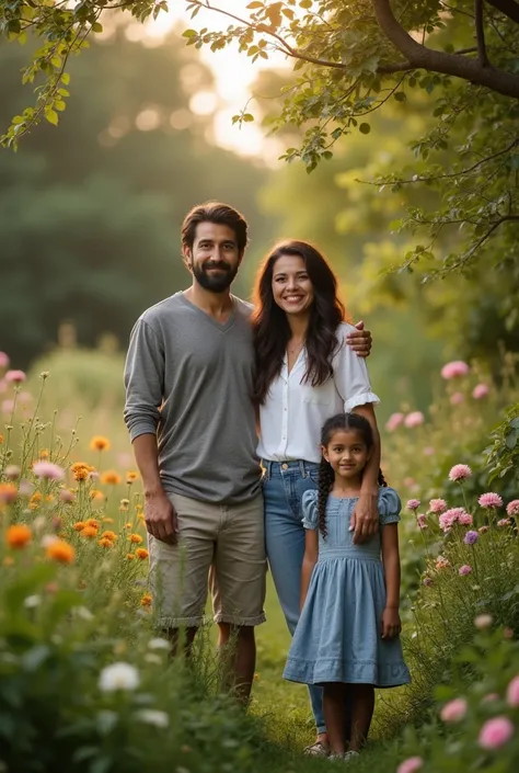 One son and one daughtet standing between one mother and one father in a garden