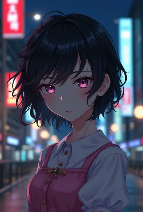 pretty anime girl, pale skin, tired eyes, bruises, short black hair, pink and white polished coquette attire, night time in city, unique