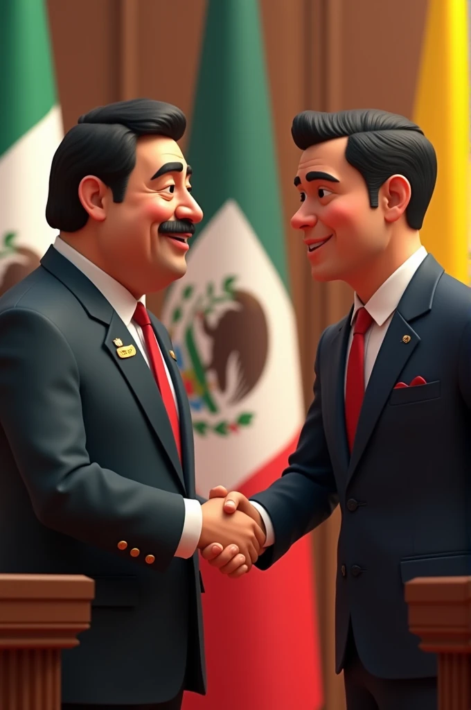 Animated image of two presidents, one Mexican with black hair, bushy eyebrows and a double chin, and the other Colombian with their flags in the background, shaking hands 