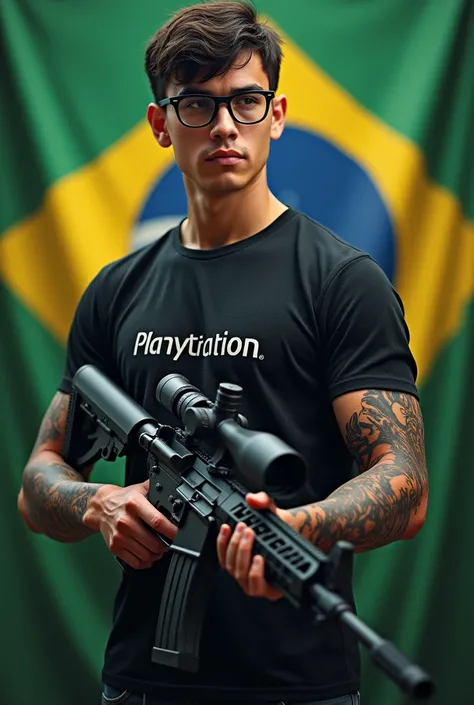 A young man with short hair wearing black framed glasses is wearing a Playstation shirt on the left side .He holds a scoped rifle confidently. His right arm sports a detailed tattoo.. Ao fundo, there is a big Brazilian flag, with green colors, yellow and b...