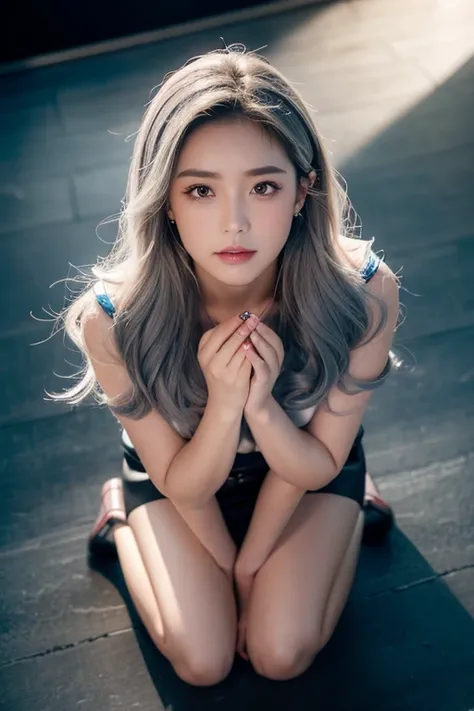 21 year old girl, Grey hair, helper: 1,5, hands crossed on thighs, (kneel in front of the audience: 1.6), (from above: 1.6), medium sized breasts, chubby body, one side hair clip blusher, modern cinematic lighting , Ray Tracing, drop shadow wide shot UHD, ...