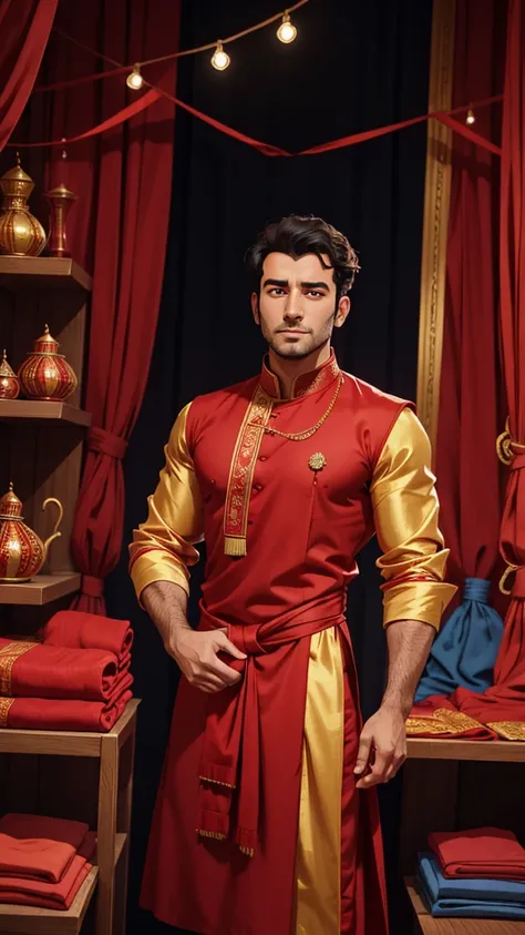 arafed man in a store holding a red cloth, wearing a silk kurta, with fluent cloths, [ colourful, fabrics, black and red silk clothing, trending photo, fabric embroidery, a handsome, with fashion clothe, handsome man, red cloth around his shoulders, colour...