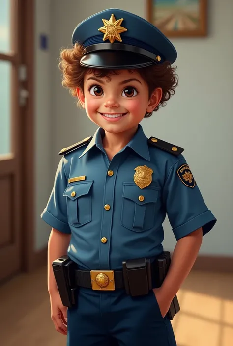 4 year old boy, brunette afro hair, black eyes, dressed in clothes of .police patrolman.