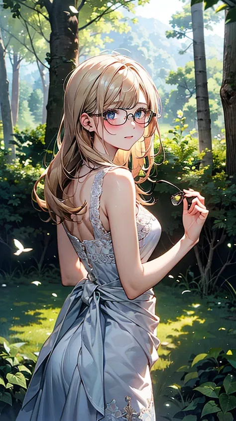 (((masterpiece))), cute, pritty, from front, cowboy shot, masterpiece, best quality, Born in the year of the boar, the "boar girl" has blonde hair and blue eyes, long bangs that hang down to frame her glasses, and long hair to her back that sways in the wi...