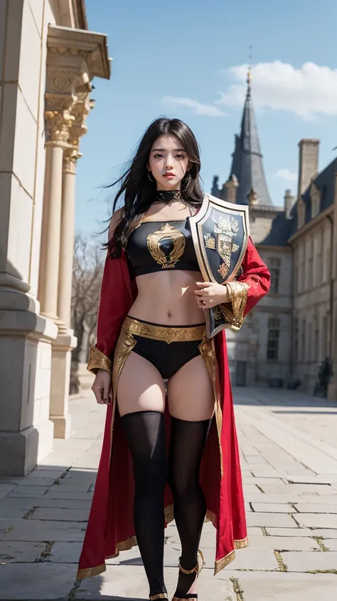 "Illustrate Braum as a female character from League of Legends by Riot Games, in her Lionheart skin, dressed in regal, knightly armor with a lion-themed shield, (having massive k-cups: 1.33), (non having clothes: 1.77). Shes in a grand castle courtyard wit...