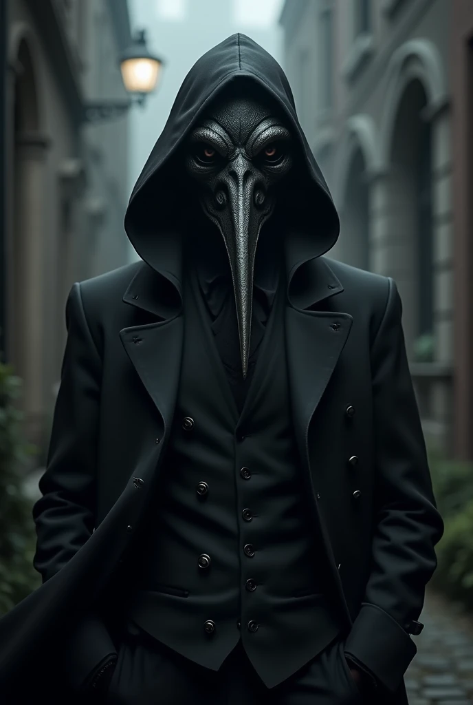 Create a male character with a mysterious look, dark and with a look similar to that of a black plague doctor and with a macabre look and wearing something similar to a suit