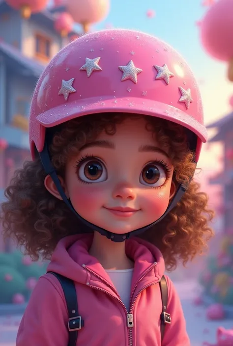 Draw Danae a 7 year old girl with curly brown hair and she is wearing a pink helmet with stars