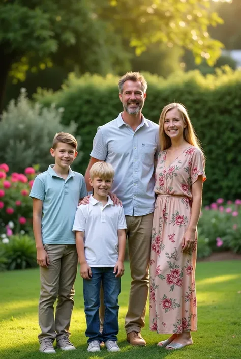 Four members of family standing in a garden with one son and daughter