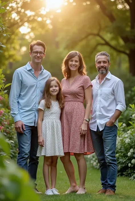 Four members of family standing in a garden with one son and daughter