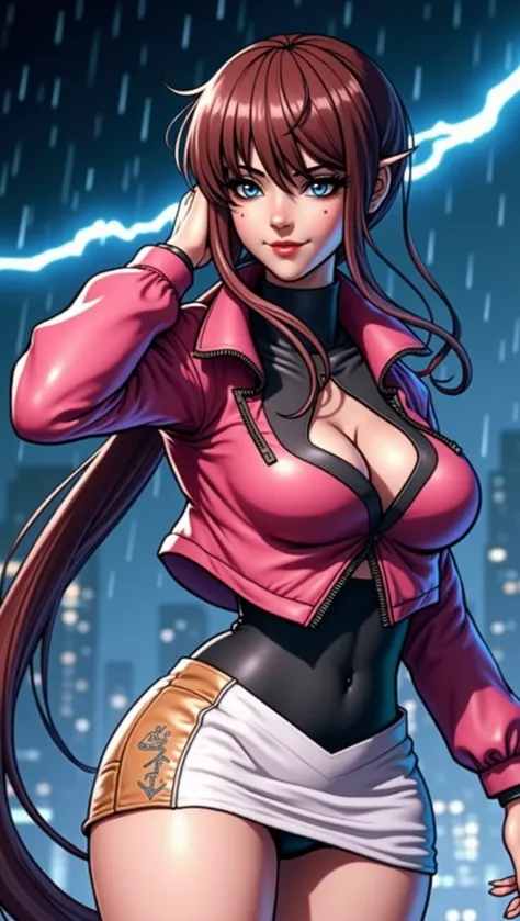 (at night), alone, in a video game scene a background of a beautiful city during the day raining, standing at attention, purple hair, lightning behind her, lightning coming out of her hand ((purple hair)), 1 girl, alone, 20 years old, young woman, perfect ...