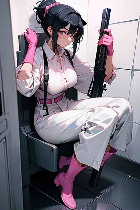 A mature woman with black hair tied up, wearing large pink rubber gloves, a white cloth wrapped around her head, a blue button-up shirt, white rubber boots, black slacks, and holding a submachine gun, in the bathroom