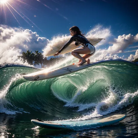 (Luminism:1.28), Back view、(TopQuality 8K Masterpiece:1.2) (ProfessionalPHOTO:1.37) Extremely Detailed (A girl standing on a surfboard riding a wave), (Colorful morning Glory Rays)、(Crouching and balancing on a surfboard.:1.28), (There is Detailed Only one...