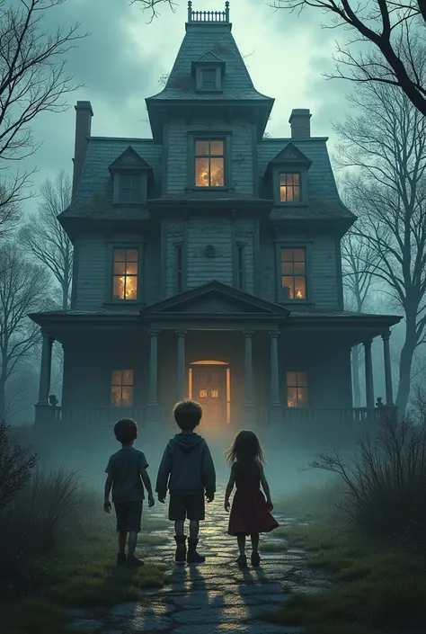 Make a scene of 3 children (two boys and a girl) entering a haunted mansion