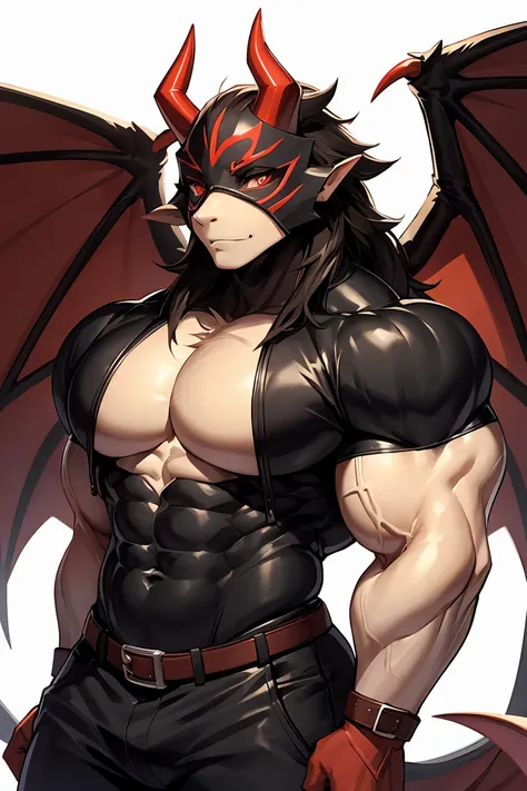 huge muscles,devilish wings,devilish horns,sexy boy,black costume,12-year-old boy,mask