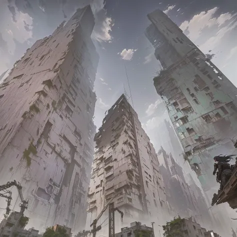 There are many tall buildings in the city., digital Concept Art of dystopian, in a Dilapidated cityscape, Dilapidated cityscape, abandoned flying future city, too much growth. by Makoto Shinkai, an abandoned dystopian city, Structural cityscape, outdoors D...