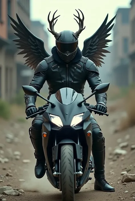 Biker with helmet that has black wings and deer antlers