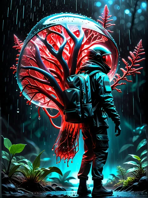 An alien carrying（Glass sealed backpack：1.3），Inspired by（Bioluminescent Red Fiberglass Tree：1.6）BREAKLIVE PLANTS INSIDE，High contrast，Dark Background，Wet and rainy，Epic，Moody，