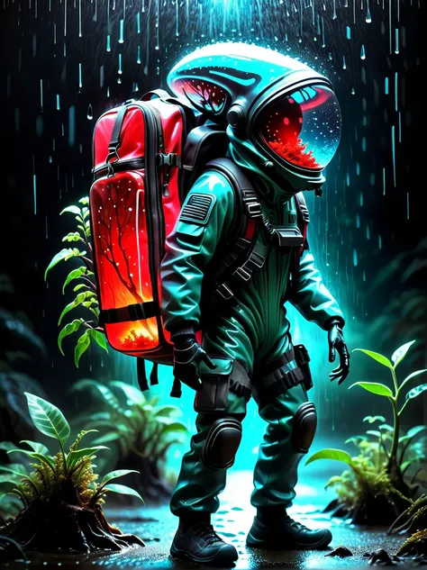 an alien carrying（glass sealed backpack：1.3），inspired by（bioluminescent red fiberglass tree：1.6）breaklive plants inside，high con...