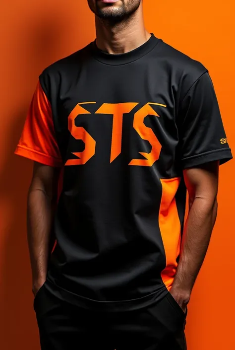 A black and orange shirt with a written STS symbol
