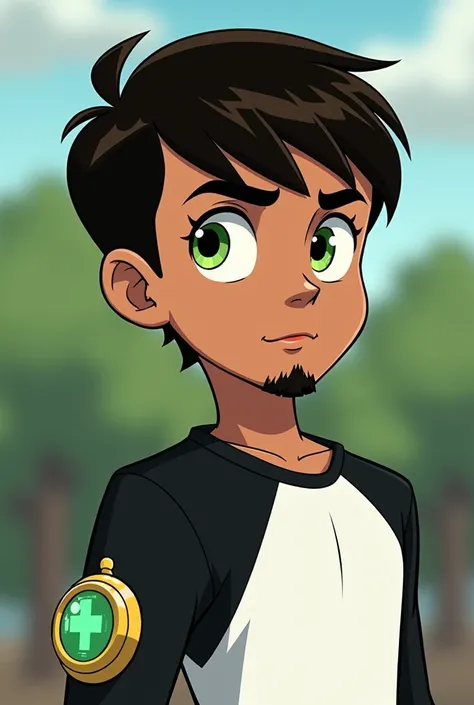 Ben 10, I want a boy with hair like Ben&#39;s, but with a more bowl cut look, and a medium skin color "peanut candy", I hope you understand me, greeneyes, a white and black shirt and an omnitrix on the left arm Do it with about 15 years, little mustache an...