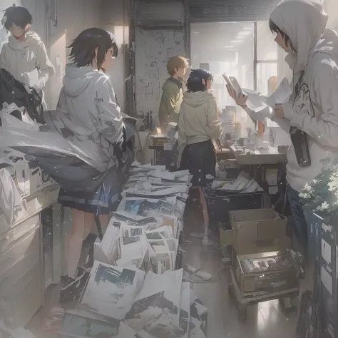 There are many people in a room with many things, Gwaiz, style of Makoto Shinkai, by Kamisaka Sekka, ( ( Makoto Shinkai ) ), artwork in the style of Gwaiz, in style of Makoto Shinkai, Gwaiz and Makoto Shinkai, studio glibly Makoto Shinkai