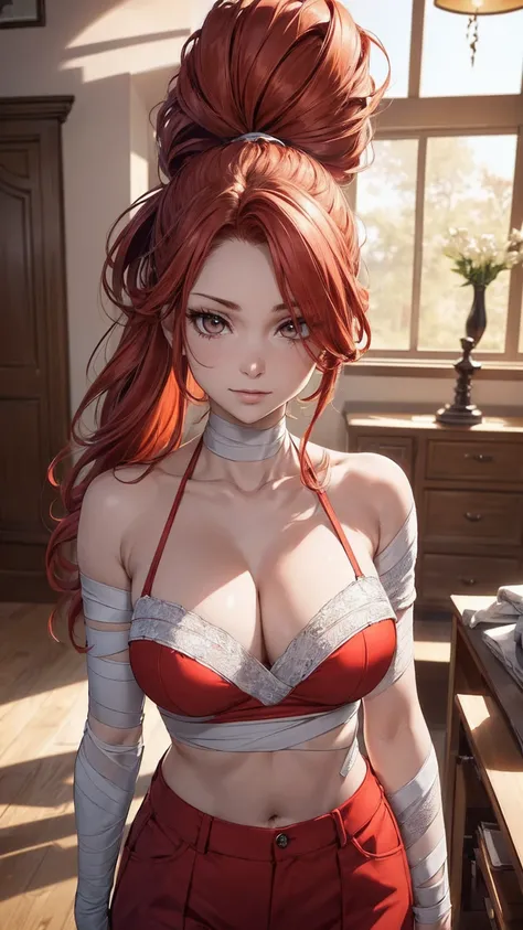 masterpiece, Highest quality, High resolution, Elsa Scarlet, Redhead, Long Hair, ponytail, White ribbon, Hair on one eye, clavicle, ((Brown eyes)), fairy tale, ((alone, chest sarashi, bandage, Bare arms, abdomen, Red too, Red trousers, ,)), Model-like styl...