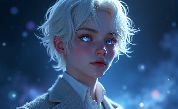 A semi realistic young male with has pale, almost porcelain-like skin and medium, white hair that is slightly tousled. Their eyes are vibrant, with a shimmering quality that reflects a spectrum of blues and purples, giving them a mystical, otherworldly gaz...