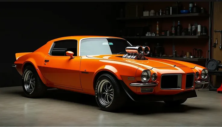 The image showcases a classic hot rod car, characterized by its distinctive features. The vehicles body is painted in a glossy orange hue, which contrasts sharply with the black background and the darkened interior. The car exhibits a long hood and a short...