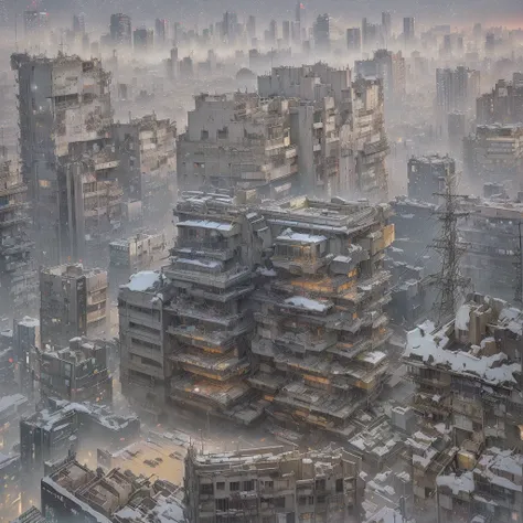 There is a painting of a city with a clock on it., hiroya oku painterly, A vast, detailed, hierarchical city, Realistic painting of complex objects, Cityscape, Olsinsky workshop, 構造的なCityscape, dark. by makoto shinkai, Post-apocalyptic Tokyo, Bustling stre...