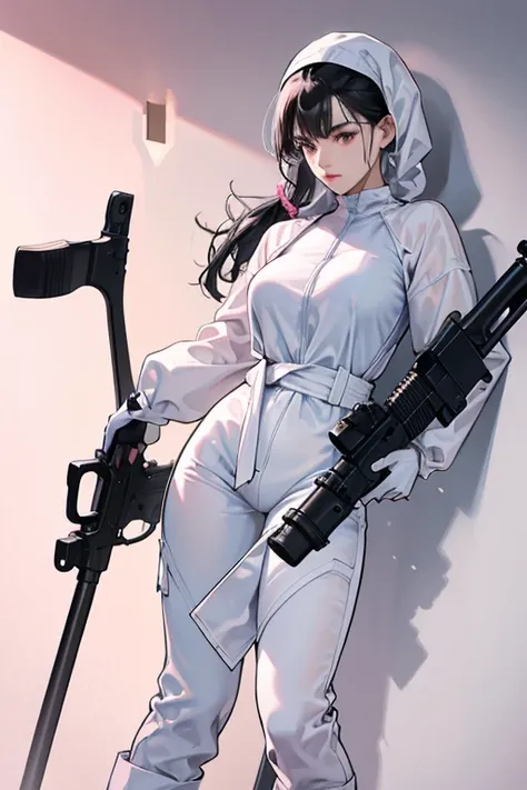 A mature woman with black hair tied up, wearing large pink rubber gloves, a white cloth wrapped around her head, blue long-sleeved jumpsuits, white rubber boots, and holding a submachine gun in the bathroom