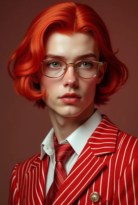 The men has a red hair. And hairstyle is bob haircut
He always wears a red striped suit