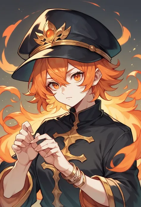 アニメ, White girl , fire orange hair, orange eyes, black captain hat,  black open long sleeve shirt, black darkcore bracelets with bracelet tips 