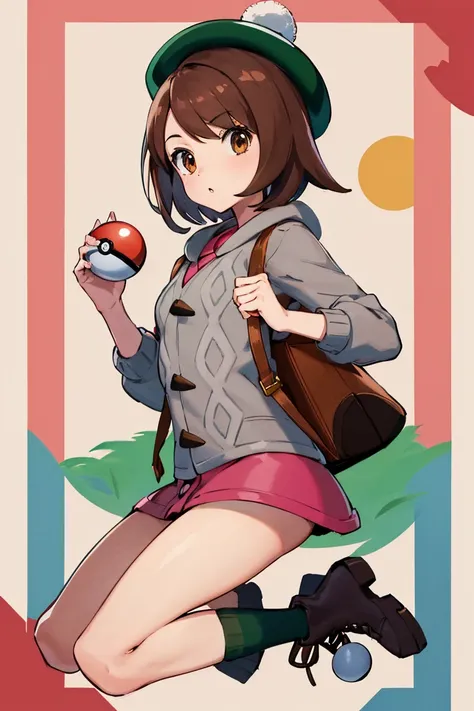 masterpiece, best quality, highres, gloria1, 1girl, gloria \(pokemon\), poke ball \(basic\), brown hair, solo, holding poke ball...