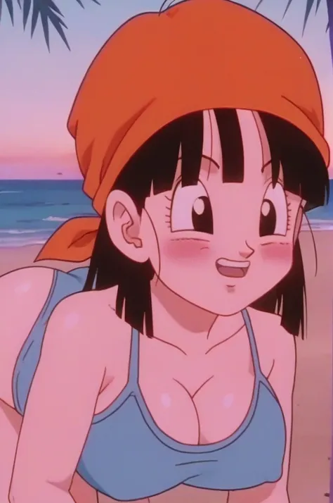 source_アニメ, score_9, score_8_up, score_7_up, アニメ screencap, 
pangt, 1girl, bangs, blushing, sexy face, grass, black hair, sunset, Watching the sunset, beach in open sea sunset, sun, collarbone, whole body, teeth, blunt bangs, outdoors, black eyes, eyelashe...