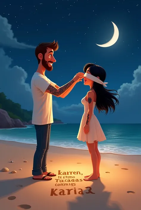 A cartoon-like image from Pixar with a couple on the beach at night, The man has a beard and short brown hair., wear white short sleeve shirt ,He has a tattoo of a phoenix all along his arm., She has long black hair and wears a short dress and has a tattoo...