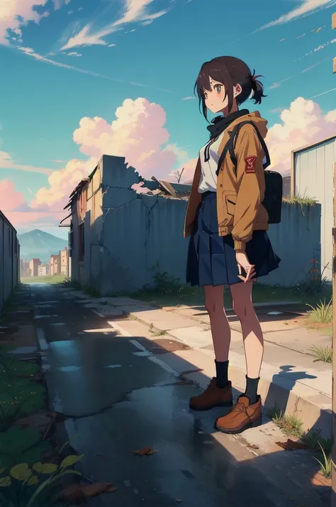 1girl, an anime-style character, female, standing on a ledge overlooking a city in a state of disrepair. the character has cat e...