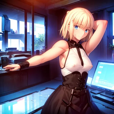 High resolution, 最high resolution,high resolution,{Things to know_f de stay night ufotable:1.15}, Rubio_ Best Quality, masterpiece, フルnude,Sweatだく,Blushing,smile,Armpitアップ,Sweat,Armpitを広げて見せている,bed,Moist,Blonde,whole body,pubic hairあり,Love juice,Armpit,sid...