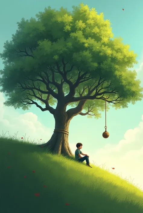 A tree on a hill, a person sitting and a rope hanging on the tree 