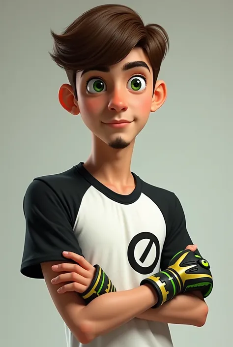 Ben 10, I want a boy with hair like Ben&#39;s, but with a more bowl cut look, and a medium skin color "peanut candy", I hope you understand me, greeneyes, a white and black shirt and an omnitrix on the left arm Do it with about 15 years, thin mustache and ...