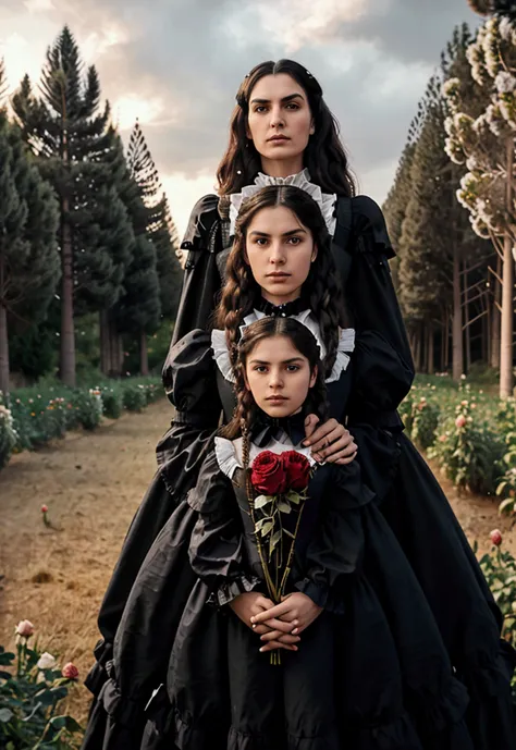 Home Gothic couple and woman with their little daughter,((A giant bat behind them)) (one  men, a woman and a child) There are 3 people, with a beautiful 11 year old Mexican child with wavy hair ((He in black Victorian clothes, ruffled neck collar, ruffled ...