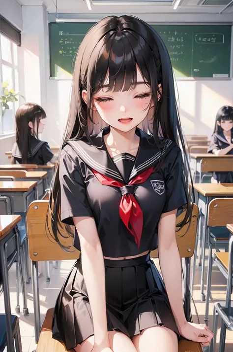 (immensely beautiful style), (sit down on school chair), (15 yo) (beautiful blunt bangs:1.3) (beautiful pastel black hair very long hair) (immensely beautiful girl) (detailed sexy closed eyes) (sexy smile, glossy lip, open mouth), in a detailed black summe...