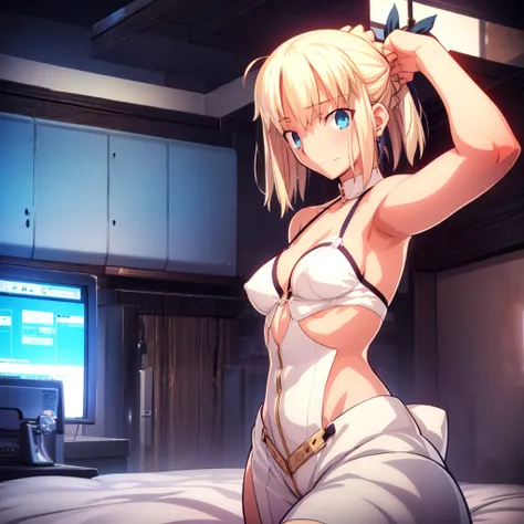 High resolution, 最high resolution,high resolution,{Things to know_f de stay night ufotable:1.15}, Rubio_ Best Quality, masterpiece, フルnude,Sweatだく,Blushing,smile,Armpitアップ,Sweat,Armpitを広げて見せている,bed,Moist,Blonde,whole body,pubic hairあり,Love juice,Armpit,sid...