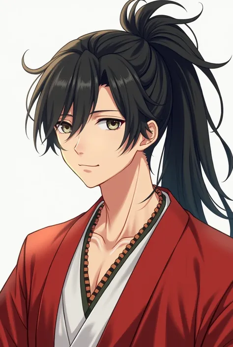 high resolution, Clear focus, Pixiv Masterpiece, ((Intricate details)), Very detailed, Asato_Seven Fragrances, 1 boy, male, Striped Bead Necklace, Black Hair, (Spiked Hair:1.1), Ponytail, Very long hair, Red clothes, Red open dress, Simple kimono, besides 