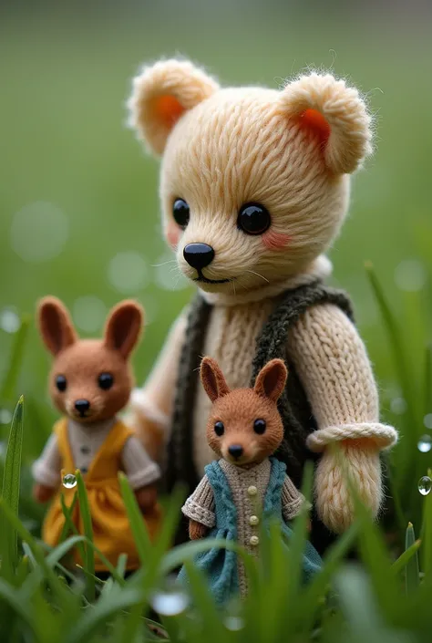 Knitted teddy bear, small anthropomorphic animals, Wearing a hat，Wearing antique clothes from the 17th century, Macro photography in dense grass, Dewdrops reflect the environment, Super detailed toys, You can see every fiber of wool on the toy, You can see...