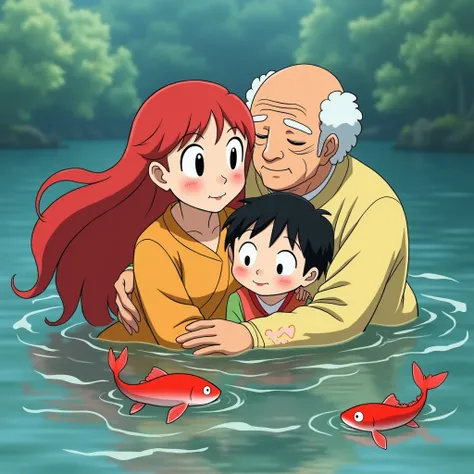 An image of Ponyo old woman and Sosuke old men, with his grandchildrens, and hugging, Studio Ghibli style, ponyo has a red long hair, ponyo has wrinkles in his head, water, fish. 